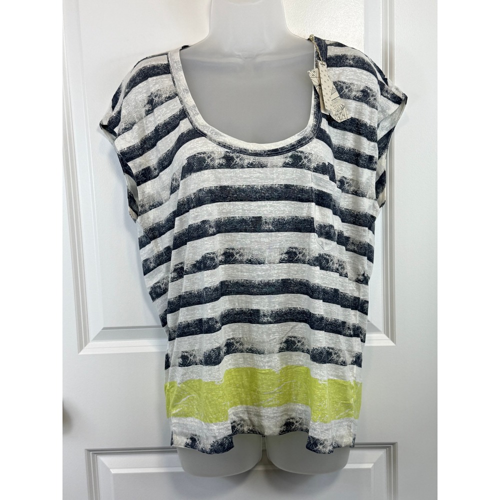 NWT Grey State Artist Harper‎ Scoop Tee Navy White Striped Neon Yellow 3 L NEW